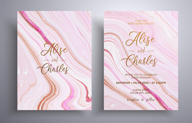 Set of acrylic wedding invitations with stone pattern. Mineral vector cards with marble effect and swirling paints, beige, brown and white colors. Designed for posters, brochures and etc.