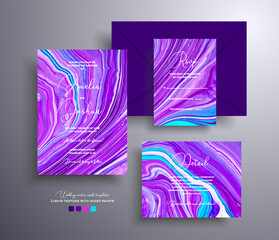 Modern set of wedding invitations with stone texture. Agate vector covers with marble effect and place for text, purple, lilac and turquoise colors. Designed for greeting cards, packaging and etc.