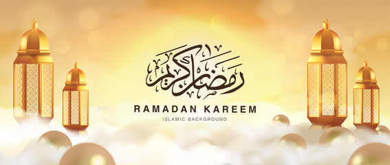 Realistic illustration of islamic ramadan kareem greeting banner vector design. 3d golden lantern and pearls floating above the coulds 