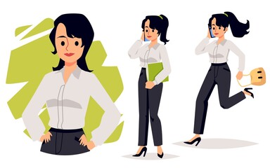 Young business woman in office wear set of flat vector illustrations isolated.