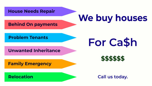 We buy houses for cash image on white background. Real estate ad template for advertising.