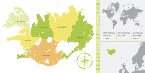 Detailed map of Iceland with administrative divisions of the country, color vector illustration