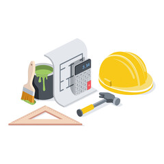 Apartment building renovation service repair. Vector 3d symbol, isometric, color web icons, new flat style. Creative design idea, concept for infographics.