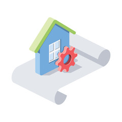 Home gear plan repair. Vector 3d symbol, isometric, color web icons, new flat style. Creative design idea, concept for infographics.