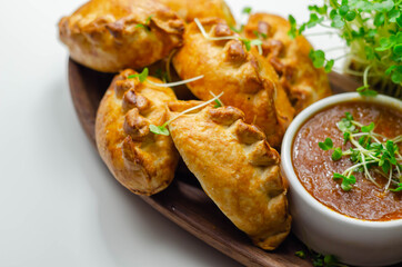 Mini pasties with tomato sauce, succulent pork, turkey, bacon and cranberry all wrapped in shortcrust pastry