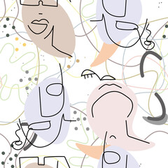 Woman Face line. Abstract drawing seamless pattern