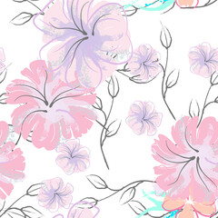 Pink Flowers Blooming Pattern. Pastel Watercolor.