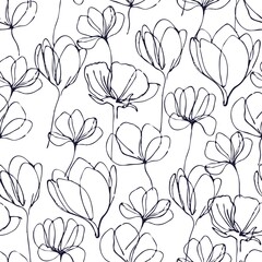 Flowers line art hand draw vector seamless pattern. Seamless hand draw vector pattern. Background with decorative line art style flowers seamless. Spring and summer vector seamless pattern