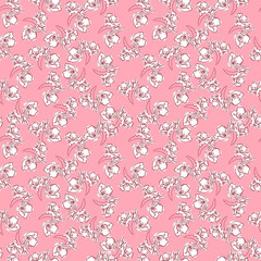 Light floral print of small flowers with a red outline. Seamless abstract pattern on a pink background.