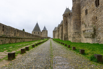 Fototapeta na wymiar view of the historic medieval walled city of Carcassonne in France