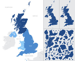 Detailed, vector, blue map of the United Kingdom with administrative divisions into countries and counties