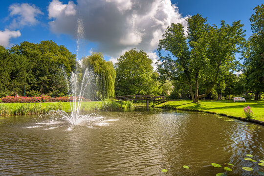 fountain in the park in Alphen aan den Rijn, The Netherlands on a sunny day