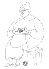 The woman knits with knitting needles and threads. The lady is sitting on a chair. Drawing in modern trendy style with one line. Solid outline for decor, posters, stickers, logo. Vector illustration.