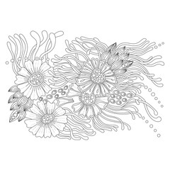 Outline doodle flowers in black and white for adult coloring books, monocrome abstract floral vector pattern. Yoga, meditation design element.