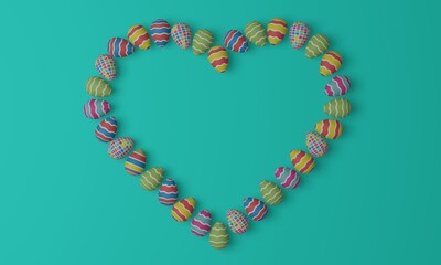 Obraz premium Easter eggs arranged in the shape of a heart with a colorful bright geometric pattern on a turquoise background. 3d rendering.
