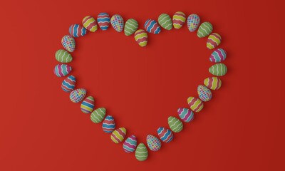 Obraz premium Easter eggs arranged in the shape of a heart with a colorful bright geometric pattern on a orange background. 3d rendering.