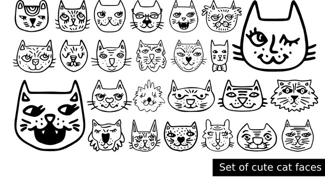 Big set of cute cat faces for nursery icons, avatars. Funny pet heads for kids prints, patterns design. Animals for baby. Cartoon character of kitty. Soulful doodle. Black picture of hand-drawn puss
