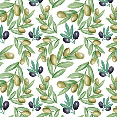 Watercolor pattern with olives, branches of green and black olives on a white background, background for wallpaper, fabric, wrapping paper, etc.