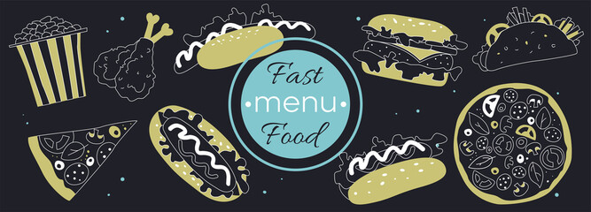 Fast food doodle set isolated on black background. Template with vector one line junk food. Tasty set fast food. Food in flat style. Banner with handdrawn burgers, drinks, fries, sandwiche. Outline.