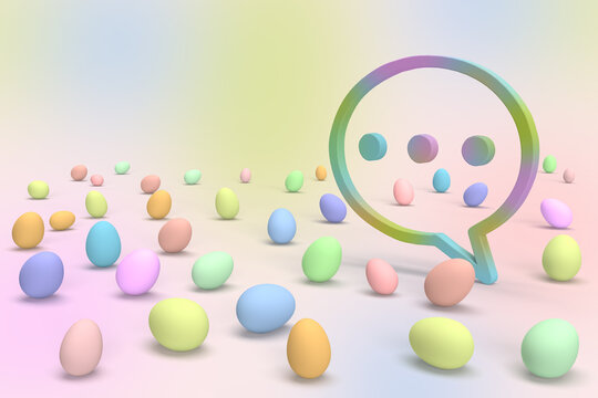 Colorful bubble talk on happy easter eggs background. Banner for seasonal chat sale with egg.