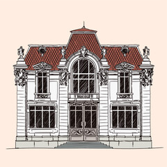 Hand sketch on a beige background. Old brick house with a tiled roof in classic European style.