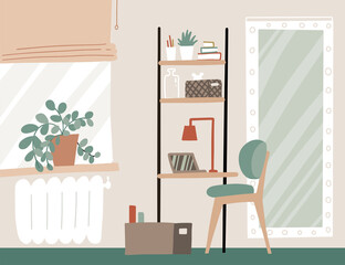 Workplace at home. Home office interior in Scandinavian style. Table shelf with laptop, books, window. Modern lagom interior in beige colors. Vector flat hand drawn illustration.