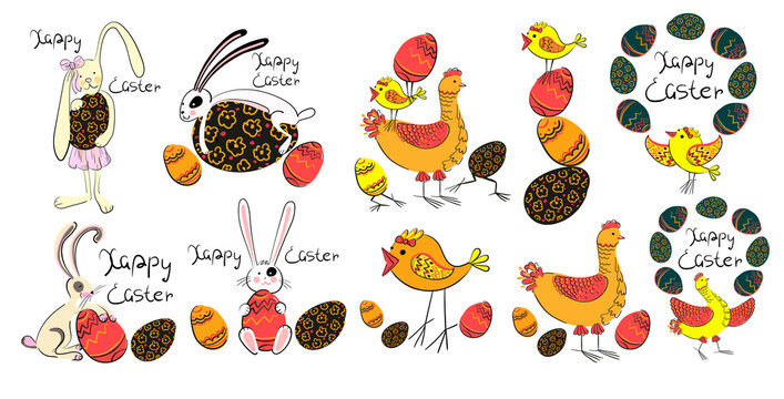 A set of 10 Easter characters with bunnies, hens, chickens and eggs in a simple style, also written - Happy Easter. Stock vector illustration isolated on white background.