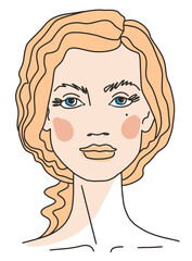 European blonde girl Abstract Portrait of young woman with curly hair. Line drawing face aesthetic contour. Sketch Vector illustration