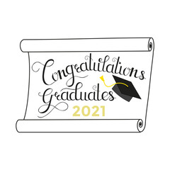 Class of 2021. Congratulations graduates logo template with academic cap. Hand drawn graduation logo gold design. Vector illustration