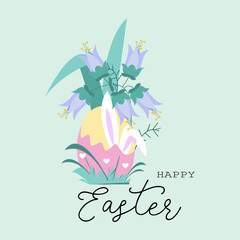 Happy Easter greeting card with bunny sitting in the egg and flowers composition. Flat style vector illustration.