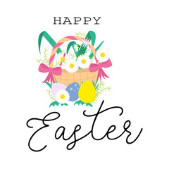 Fototapeta premium Happy Easter greeting card or banner design template with basket, eggs and flowers. Easter day spring holiday vector illustration