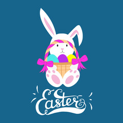 Happy Easter greeting card with cute bunny, eggs, basket and bows. Cartoon rabbit Easter day character with lettering.