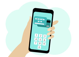 Obraz premium Hand with a mobile phone. In the phone, electronic payment by card. PIN-code input
