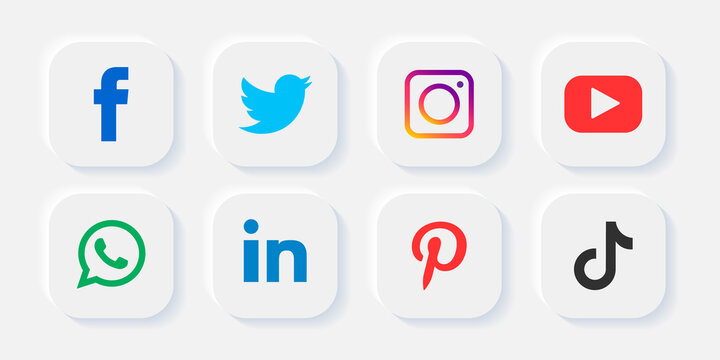 Neomorphism social media network white icon facebook, instagram, twitter, youtube, pinterest, whatsapp, tiktok logo