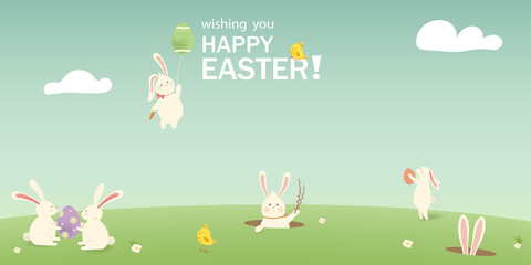 Happy Easter. Easter Rabbit Bunny with eggs, grass, flowers in field. Cute cartoon rabbit character with chicken, Paschal egg. Design template for Banner, flyer, invitation, greeting card, poster.