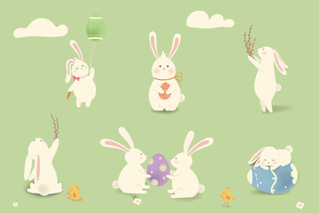 Happy Easter. Set of Rabbit Bunny with eggs, grass, flowers in field. Cute cartoon rabbit character with chicken, Paschal egg. Design template for Banner, flyer, invitation, greeting card, poster.