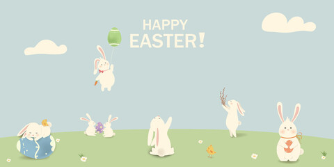 Happy Easter. Easter Rabbit Bunny with eggs, grass, flowers in field. Cute cartoon rabbit character with chicken, Paschal egg. Design template for Banner, flyer, invitation, greeting card, poster.