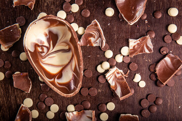 Top view of a dark and white chocolate easter egg with lots of chocolate chips and cracked eggs all around on a wooden table.