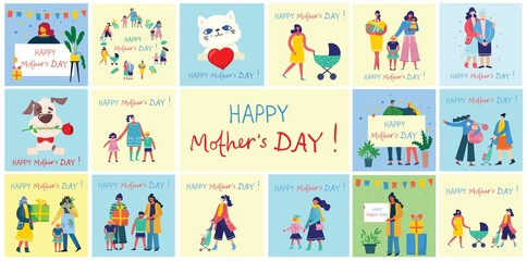 Fototapeta na wymiar Colorful vector illustration concepts of Happy Mother's day . Mothers with the children for greeting cards, posters and backgrounds