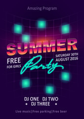 DJ party vector flyer template. Tropical summer beach party, night club show poster - stock vector. 