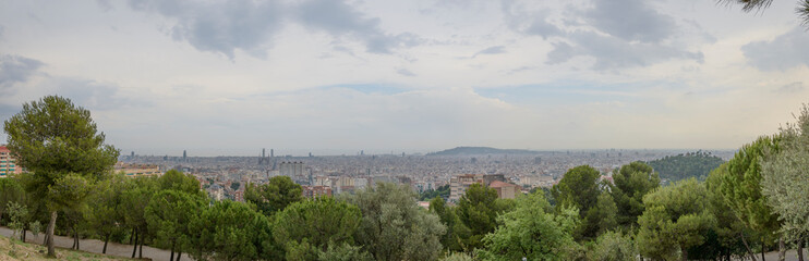 Panoramic view towards coast from Park Güell in Barcelona, Catalonia.