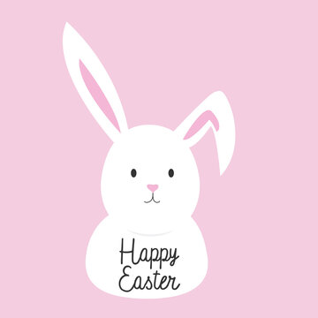 Happy Easter greeting card template with cute white bunny and pink background. Vector illustration.