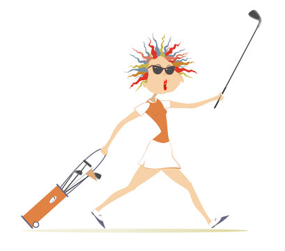 Smiling golfer woman goes to play golf illustration. 
Cartoon woman in sunglasses with golf bag and golf club goes to the golf course isolated on white
