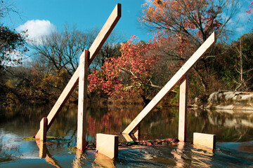 Wooden stairs in water 