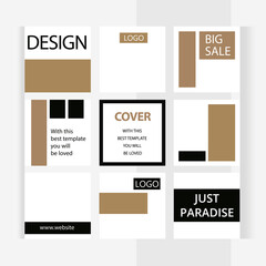 Shiny gold, natural style. Set of editable square photo collage banners. Minimalism templates for social media posting and online advertising. Trend vector illustration.