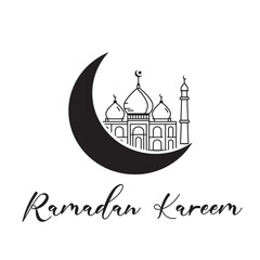 Ramadan Kareem greeting on blurred background Vector Illustration islamic design crescent moon and mosque dome silhouette with arabic pattern and calligraphy