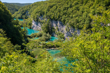 Fototapeta na wymiar View on lakes from above in Plitvice National Park in Croatia.