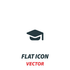 Graduation cap icon in a flat style. Vector illustration pictogram on white background. Isolated symbol suitable for mobile concept, web apps, infographics, interface and apps design