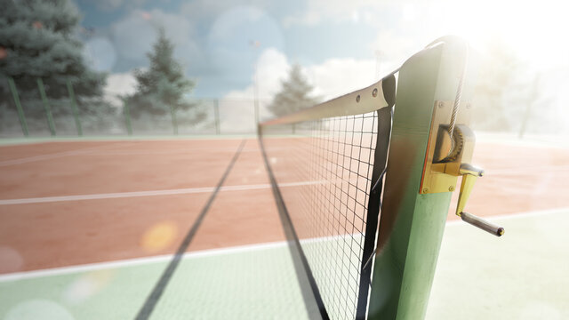 Tennis court. Tensioning system for tennis net. Close-up. 3D rendering. Trees around the tennis court in nature