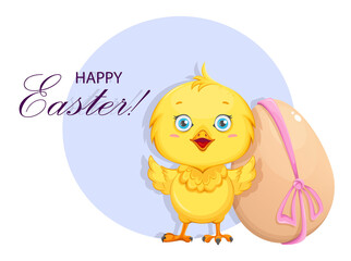 Cute little chick standing near decorated egg